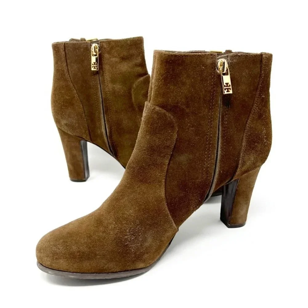 Tory Burch Boots Women's Size 11 Lan Gray Brown Milan Suede Heeled Buckle Bootie